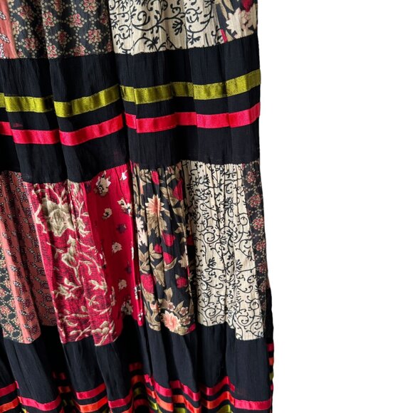 Sacred Threads Patchwork Ribbon Maxi Skirt One Size Elastic Waist Tie Lined Boho - Picture 6 of 16